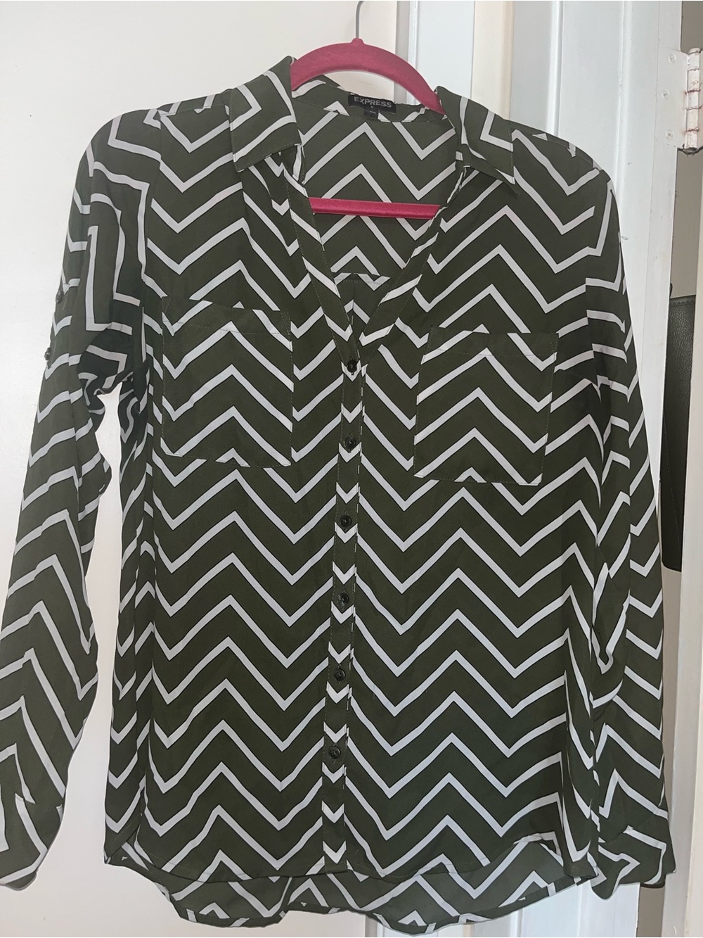 Express Olive and White Chevron Button-Down Shirt
